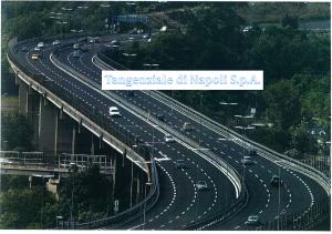 Vista dall'alto di una curva a S della tangenziale su viadotto, con auto in transito tra il verde: la forma che ha ispirato il logo