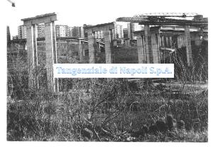 Foto storica: pile del viadotto in costruzione tra la vegetazione, con il carro-varo sull'impalcato e i condomini del Vomero dietro